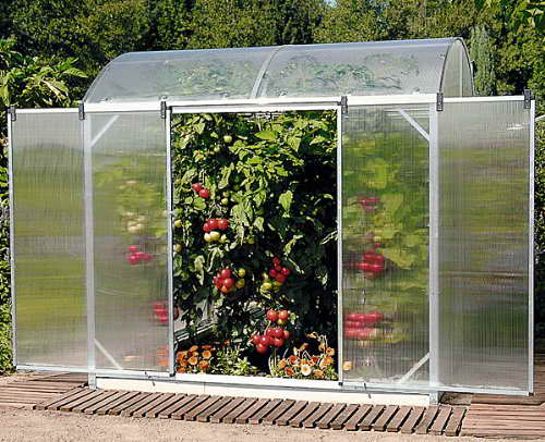 Offenes Tomatendach mit Alu-Rahmen über einem Beet