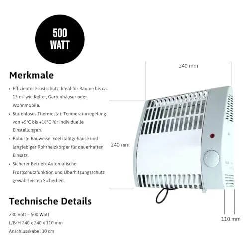EHLERS FW 500 Frostwächter – 500 W Heizgerät mit Thermostat & Wandmontage, Frostschutz für Räume bis 15 m³ (5–16 °C regelbar) – Bild 4