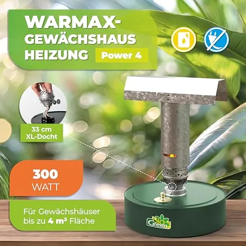BioGreen Paraffin-Gewächshaus-Heizung WARMAX POWER 4 | max. 300 Watt Heizleistung | für Gewächshäuser bis 4 m² | bis zu 7 Tage Brenndauer/Füllung – Bild 8