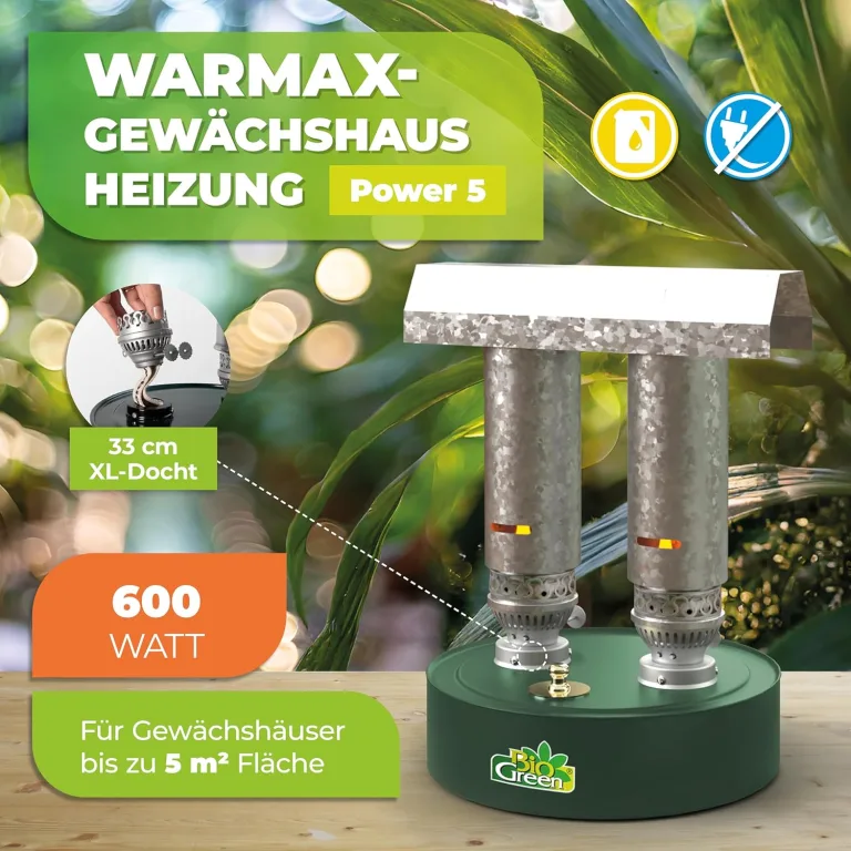 BioGreen Paraffin-Gewächshaus-Heizung WARMAX Power 5 | max. 600 Watt Heizleistung | für Gewächshäuser bis 5 m² | bis zu 3,5 Tage Brenndauer/Füllung – Bild 2