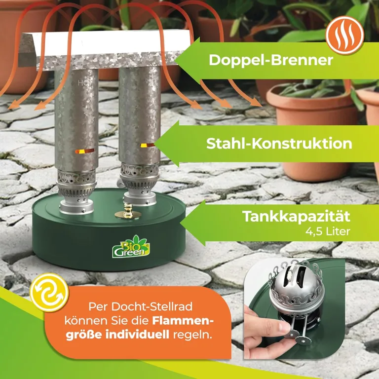 BioGreen Paraffin-Gewächshaus-Heizung WARMAX Power 5 | max. 600 Watt Heizleistung | für Gewächshäuser bis 5 m² | bis zu 3,5 Tage Brenndauer/Füllung – Bild 3
