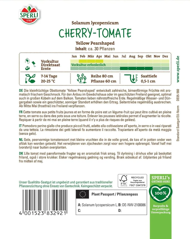 Sperli Cherry-Tomatensamen Yellow Pearshaped 83292 - Kübelgeeignet - für Gewächshaus - dekorativ - kleinfrüchtige Naschsorte - Saatgut, Samen Gemüse – Bild 2