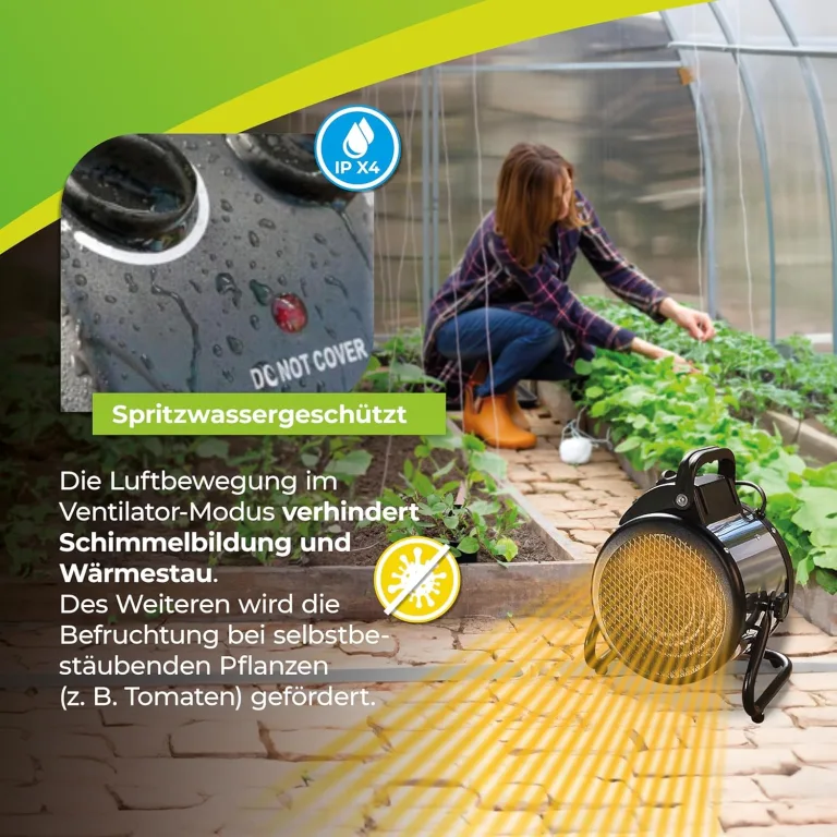 BioGreen Elektro-Gewächshausheizung Palma mit manuellem Thermostat | IPX4 spritzwassergeschützt, energiesparend | 163 m³/h Luftumwälzung | 2000 Watt – Bild 7