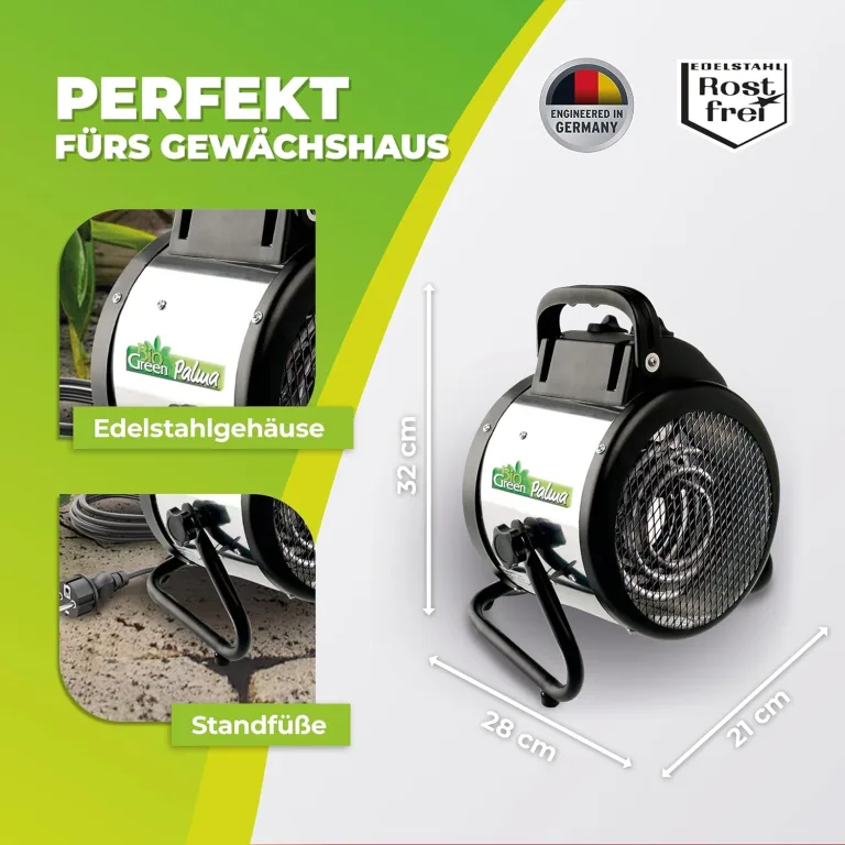 BioGreen Elektro-Gewächshausheizung Palma mit manuellem Thermostat | IPX4 spritzwassergeschützt, energiesparend | 163 m³/h Luftumwälzung | 2000 Watt – Bild 3
