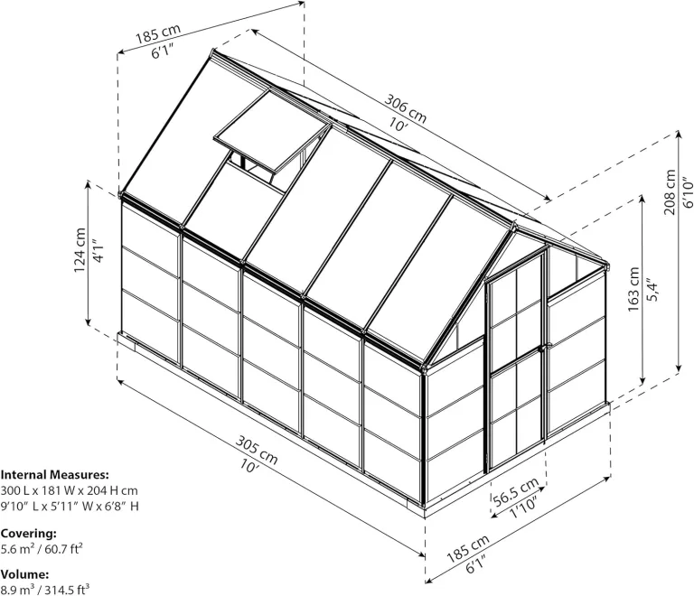 Palram Aluminium GewächsHaus Gartenhaus Hybrid 6x10 anthrazit /310x185x209 cm (LxBxH),Grau – Bild 3