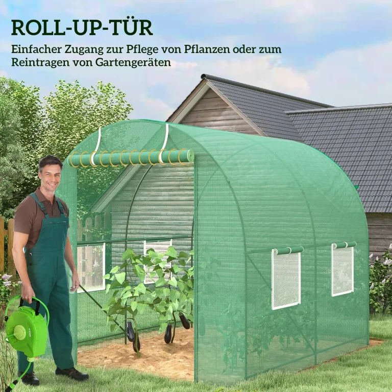 Outsunny Gewächshaus 245x200x198cm Foliengewächshaus Tomatenhaus mit Tür, 4 Fenster, Folientunnel aus verzinktem Stahl, PE, stabiles Treibhaus Pflanztunnel, inkl. Erdanker & Seilen, Grün – Bild 4