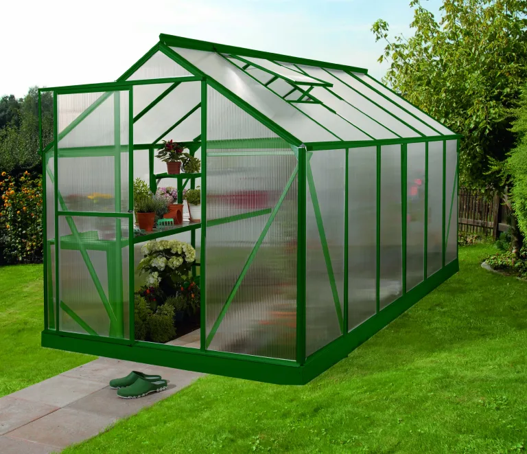 Gartenwelt Riegelsberger Gewächshaus Triton - Ausführung: 7500 HKP 6 mm dunkelgrün, Fläche: ca. 7,5 m², mit 2 Dachfenster, Sockel: 1,90 x 3,77 m – Bild 1