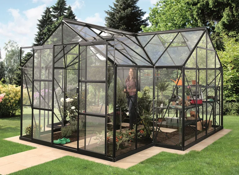 Gartenwelt Riegelsberger Gewächshaus Sirius Orangerie - ESG 3 mm schwarz, Fläche: ca. 13 m², mit 4 Dachfenster, inkl. Stahlfundament 6 cm hoch, Sockel: 3,81 x 3,81 m – Bild 2