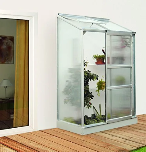 Anlehngewächshaus Ida 900 HKP 4 mm Alu Fläche 0,9 m² mit 1 Dachfenster Sockelmaß 0,65 x 1,30 m – Bild 1