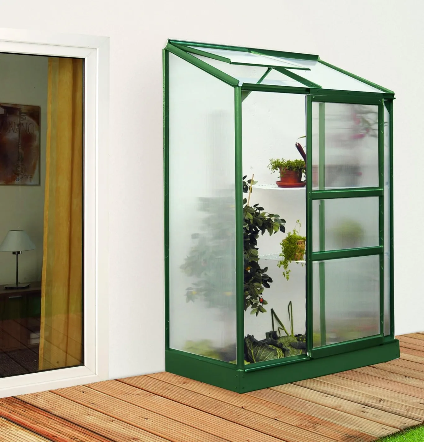 Gartenwelt Riegelsberger Anlehngewächshaus Ida - Ausführung: 900 HKP 4 mm dunkelgrün, Fläche: ca. 0,9 m², mit 1 Dachfenster, Sockelmaß: 0,65 x 1,30 m - Bild 1