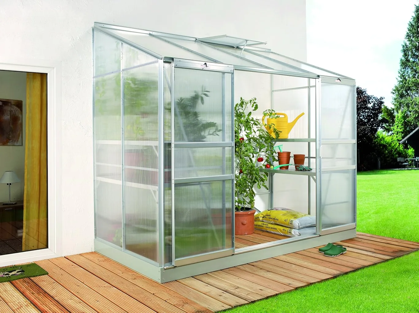 Gartenwelt Riegelsberger Anlehngewächshaus Ida - Ausführung: 3300 HKP 4 mm Alu, Fläche: ca. 3,3 m², mit 1 Dachfenster, Sockelmaß: 1,28 x 2,54 m - Bild 1