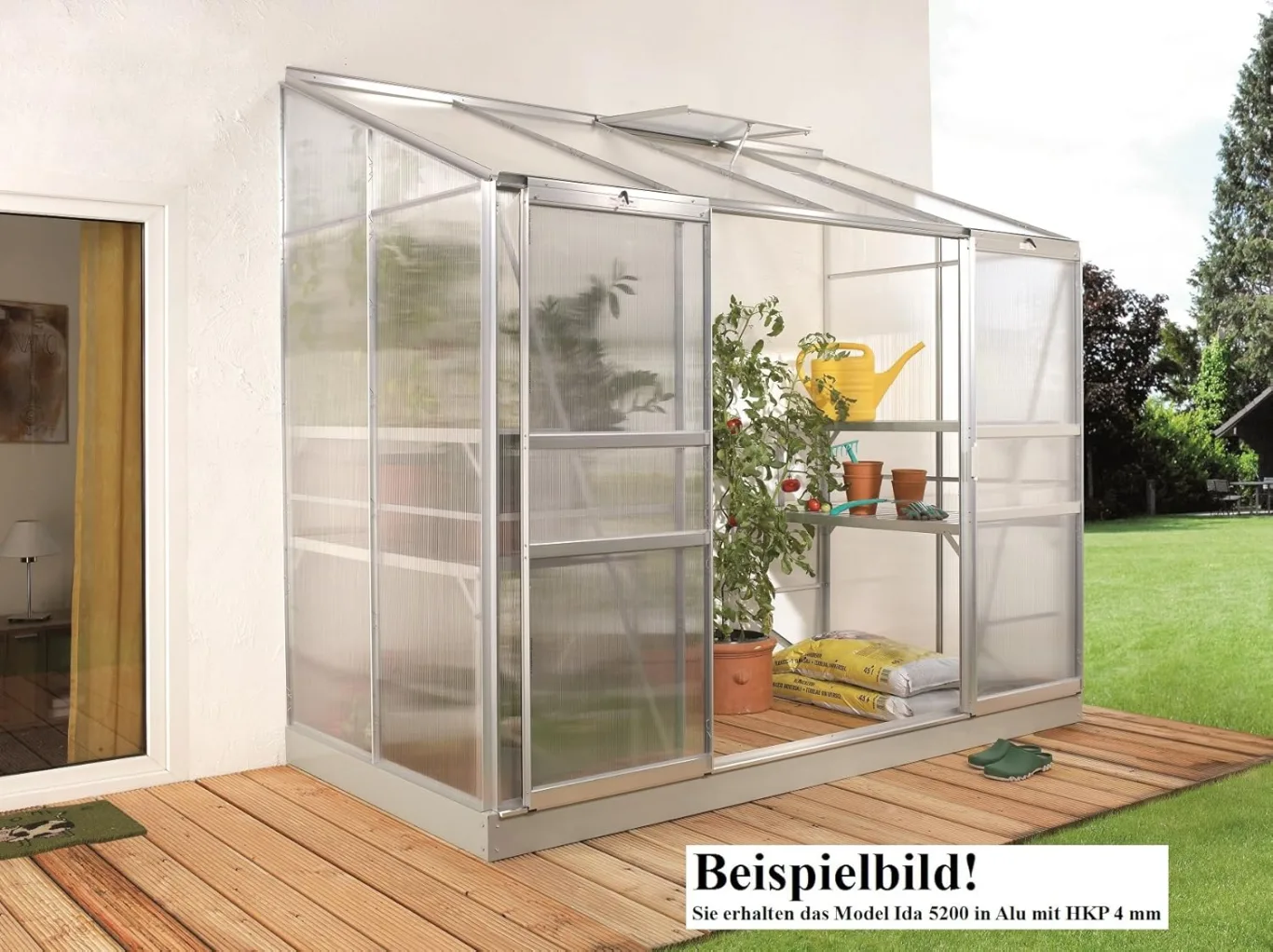 Gartenwelt Riegelsberger Anlehngewächshaus Ida - Ausführung: 5200 HKP 4 mm Alu, Fläche: ca. 5,2 m², mit 1 Dachfenster, Sockelmaß: 1,90 x 2,54 m - Bild 1