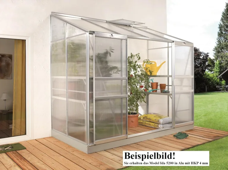 Gartenwelt Riegelsberger Anlehngewächshaus Ida - Ausführung: 5200 HKP 4 mm Alu, Fläche: ca. 5,2 m², mit 1 Dachfenster, Sockelmaß: 1,90 x 2,54 m – Bild 1