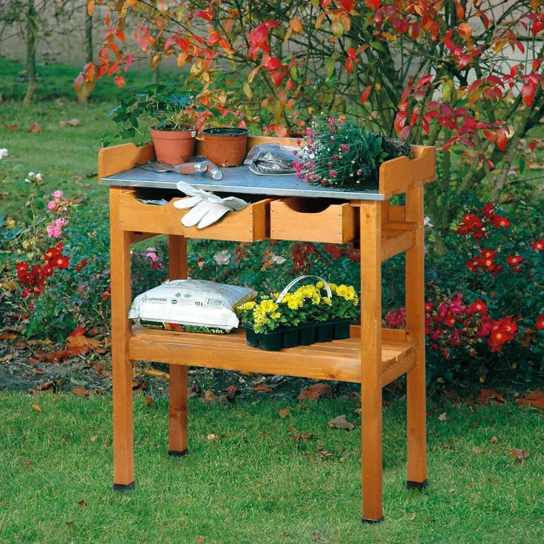dobar® 29030e Pflanztisch mit 3 Schubladen | Gärtnertisch mit Ablageboden | Umtopftisch Kiefernholz | Blumentisch Massivholz | Gartentisch Outdoor | Verzinkte Arbeitsplatte | 80 x 40 x 90 cm | Braun – Bild 4
