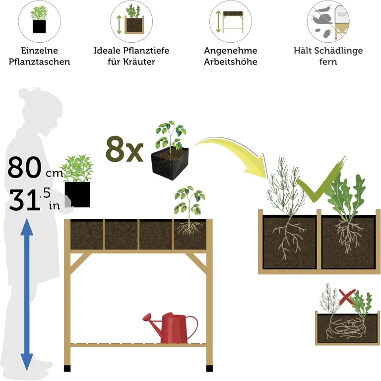 VegTrug® Kräuter Hochbeet - platzsparender Pflanzkasten für Balkon & Terrasse inkl. 8 Pflanztaschen - Frühbeet Kräutergarten 55 L Fassungsvermögen - Natur 78x58x80 cm – Bild 6