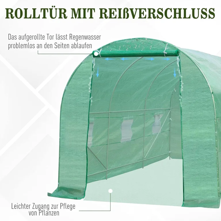 Outsunny Gewächshaus 445x200x200cm Foliengewächshaus Tomatenhaus mit Tür, 6 Fenster, Folientunnel aus verzinktem Stahl, PE, stabiles Treibhaus Pflanztunnel, inkl. Erdanker & Seilen, Grün – Bild 4