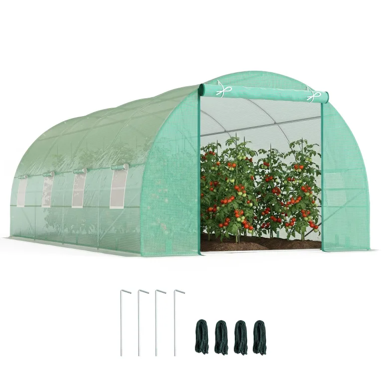 Outsunny Foliengewächshaus Tomatengewächshaus Treibhaus Folientunnel Frühbeet mit Fenster Grün 595 x 300 x 200 cm