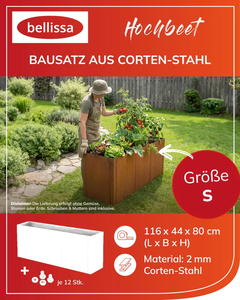 bellissa - Hochbeet Metall PANNELLO – großer modularer Cortenstahl Pflanzkübel (116 x 44 x 80 cm) – wetterfest & erweiterbar mit natürlicher Rostpatina – für Kräuter und Gemüse in Garten & Terrasse – Bild 2