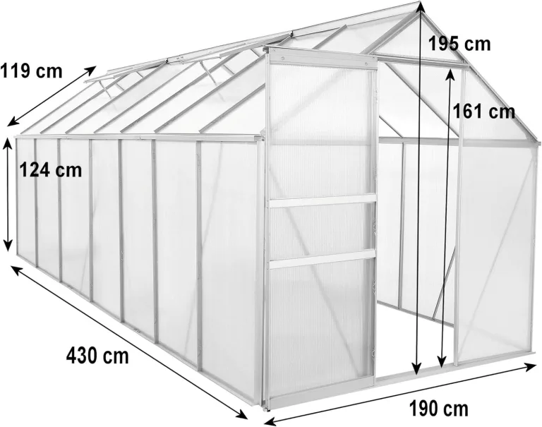 Zelsius Aluminium Gewächshaus 430 x 190 cm | 6 mm Hohlkammerplatten, UV-beständig, Winterfest | Treibhaus, Pflanzenhaus, Tomatenhaus, Frühbeet, Anbau Gewächshaus, Tomatengewächshaus, Gartenhaus – Bild 3