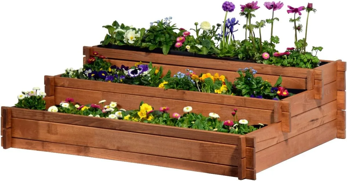 dobar® 58180FSC Hochbeet Peru Blumenbeet Dreistufig | Kräuterbeet Massivholz Stecksystem | Große Blumentreppe inkl. Pflanzvlies | Pflanztreppe 3 Ebenen | 110 x 88 x 36 cm | Braun - Bild 1