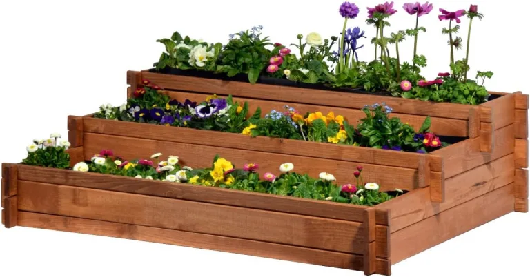 dobar® 58180FSC Hochbeet Peru Blumenbeet Dreistufig | Kräuterbeet Massivholz Stecksystem | Große Blumentreppe inkl. Pflanzvlies | Pflanztreppe 3 Ebenen | 110 x 88 x 36 cm | Braun – Bild 2
