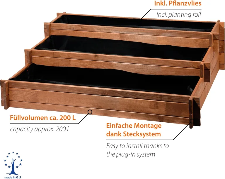dobar® 58180FSC Hochbeet Peru Blumenbeet Dreistufig | Kräuterbeet Massivholz Stecksystem | Große Blumentreppe inkl. Pflanzvlies | Pflanztreppe 3 Ebenen | 110 x 88 x 36 cm | Braun – Bild 4