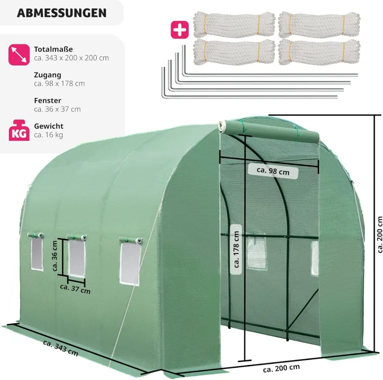 TecTake Gewächshaus Foliengewächshaus Folientunnel ca. 7m² | 6 Fenster mit Fliegenschutzgitter | inkl. Spannschnüre und Metallheringe – Bild 6