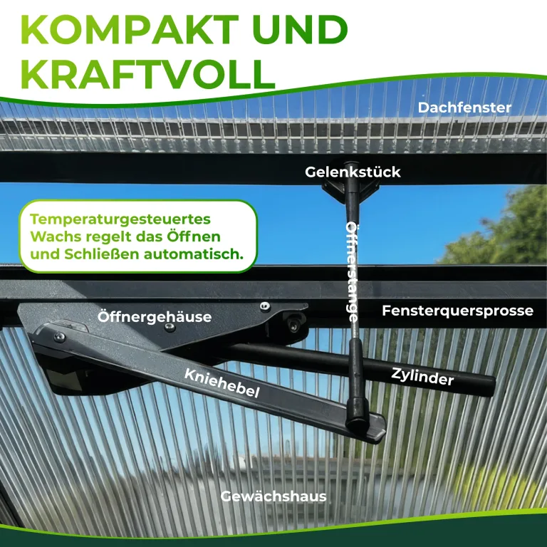 Beckmann automatischer Fensteröffner Gewächshaus ohne Strom Fensterheber ÖFA [7kg Hubkraft] Anthrazit I für Dachfenster I Gewächshaus Zubehör I Gewächshausfensteröffner I Fenster Öffner I automatisch – Bild 5