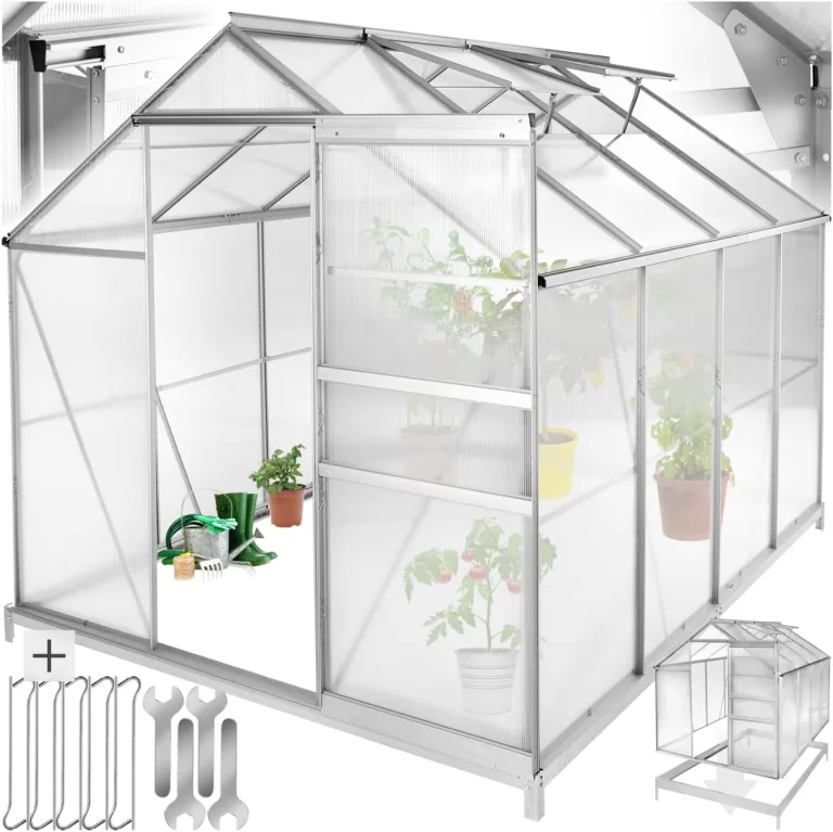 tectake® Aluminium Gewächshaus, 250x185x195 cm, Treibhaus, Tomatenhaus, Frühbeet, Pflanzenhaus, UV beständig, 4 mm Platte, Schiebetür & Dachfenster, Schutz vor Kälte, Regen und Frost - mit Fundament