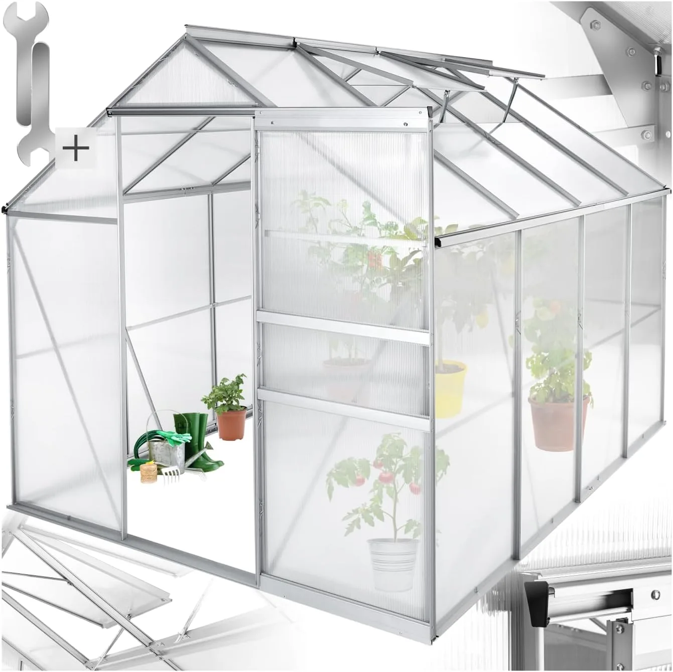 tectake® Aluminium Gewächshaus, 250x185x195 cm, Treibhaus, Tomatenhaus, Frühbeet, Pflanzenhaus, UV beständig, 4 mm Platte, Schiebetür & Dachfenster, Schutz vor Kälte, Regen und Frost - ohne Fundament - Bild 1