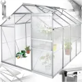 tectake® Aluminium Gewächshaus, 250x185x195 cm, Treibhaus, Tomatenhaus, Frühbeet, Pflanzenhaus, UV beständig, 4 mm Platte, Schiebetür & Dachfenster, Schutz vor Kälte, Regen und Frost - ohne Fundament - Thumbnail 2