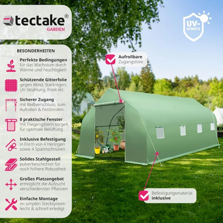 tectake® Gewächshaus Foliengewächshaus 18m² | 600 x 300 x 205 cm | Treibhaus mit 8 Fenster mit Fliegenschutzgitter, Folientunnel zur Überdachung, Tomatenhaus – Bild 2