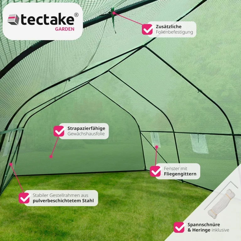 tectake® Gewächshaus Foliengewächshaus 18m² | 600 x 300 x 205 cm | Treibhaus mit 8 Fenster mit Fliegenschutzgitter, Folientunnel zur Überdachung, Tomatenhaus – Bild 3
