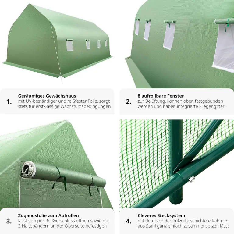 tectake® Gewächshaus Foliengewächshaus 18m² | 600 x 300 x 205 cm | Treibhaus mit 8 Fenster mit Fliegenschutzgitter, Folientunnel zur Überdachung, Tomatenhaus – Bild 5