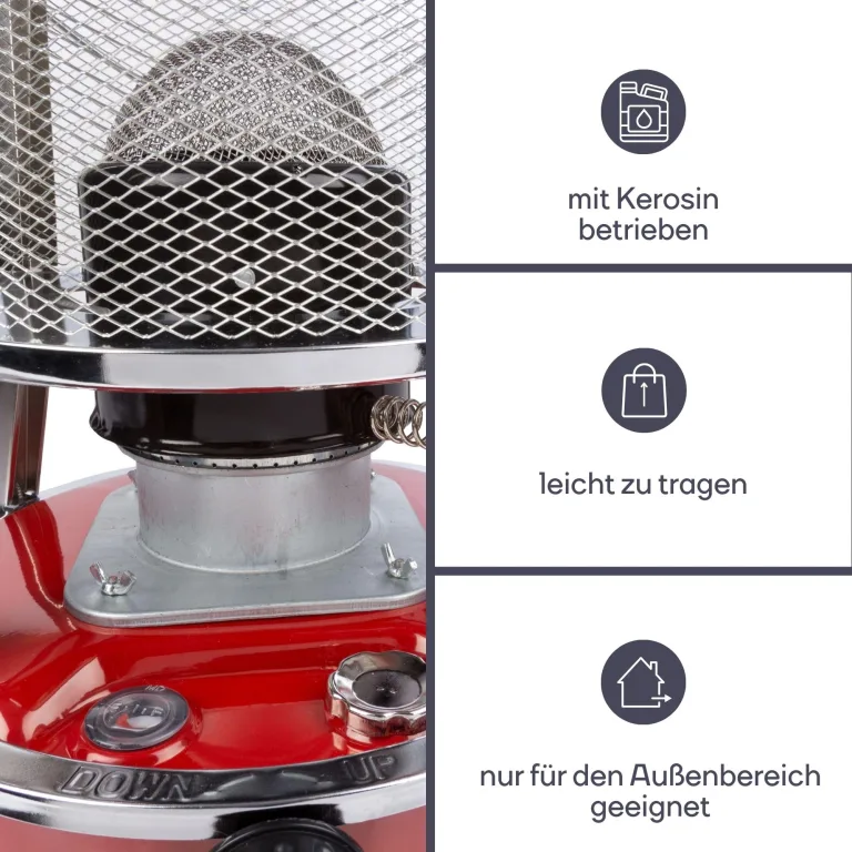 Perel Mobiles Petroleumheizgerät 2600W, tragbarer Kerosinofen für außen und Camping, Docht-Heizung, 4,6L Tank, 18 Stunden Laufzeit, stromlose Notheizung, energiesparende Outdoor-Heizung – Bild 4