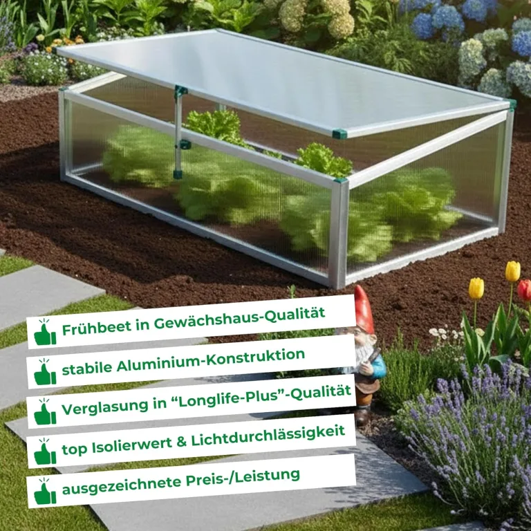 Beckmann Frühbeet Typ Allgäu Modell FSH – Extrem Stabil: Hagelfeste 6mm Platten – Made in Germany – UV-Schutz—Premium Aluminium Mini-Gewächshaus – 98x58cm – Bild 2