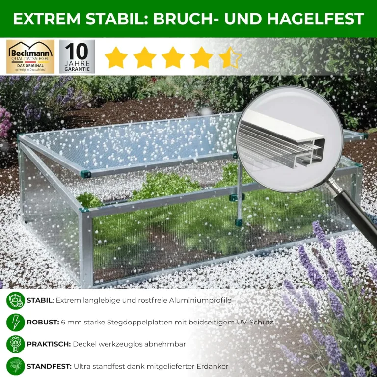 Beckmann Frühbeet Typ Allgäu Modell FSH – Extrem Stabil: Hagelfeste 6mm Platten – Made in Germany – UV-Schutz—Premium Aluminium Mini-Gewächshaus – 98x58cm – Bild 3