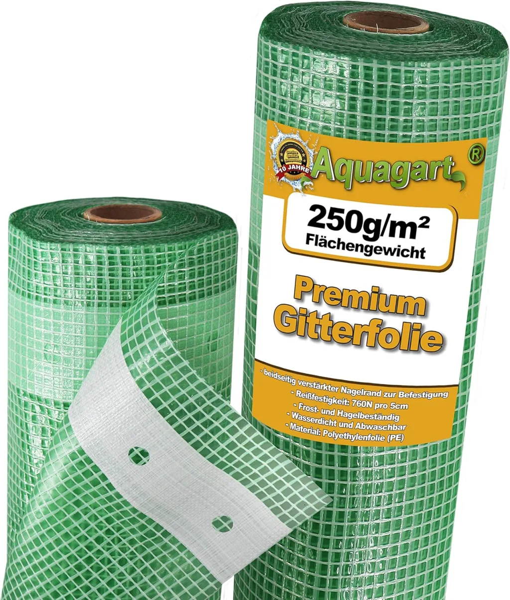 Reißfeste Gewächshaus-Folie Gitterfolie mit Nagelrand von Aquagart I UV-Stabile Folie für Tomatenhaus Frühbeetfolie I Gewebefolie Gartenfolie Grün 250g (4m, grün/transparent 3,0m breit) GP 3,49€/m²