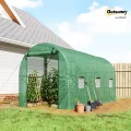 Outsunny Gewächshaus 395x195x190cm Foliengewächshaus Tomatenhaus mit Tür, 6 Fenster, Folientunnel aus verzinktem Stahl, PE, stabiles Treibhaus Pflanztunnel, inkl. Erdanker & Seilen, Grün - Thumbnail 2