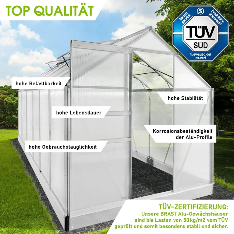 BRAST Gewächshaus Aluminium mit Fundament | 42 Modelle | 130x190x195cm - 490x250x235cm | TÜV geprüft | 6mm Hohlkammerplatten | rostfrei wetterfest temperaturbeständig | 380x190x195cm Silber – Bild 4