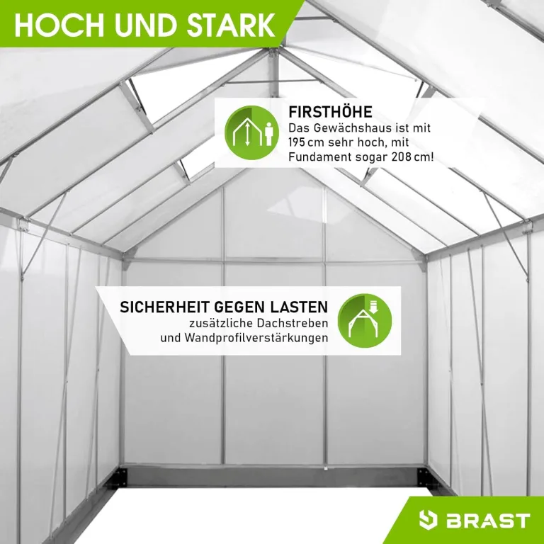 BRAST Gewächshaus Aluminium mit Fundament | 42 Modelle | 130x190x195cm - 490x250x235cm | TÜV geprüft | 6mm Hohlkammerplatten | rostfrei wetterfest temperaturbeständig | 380x190x195cm Silber – Bild 7