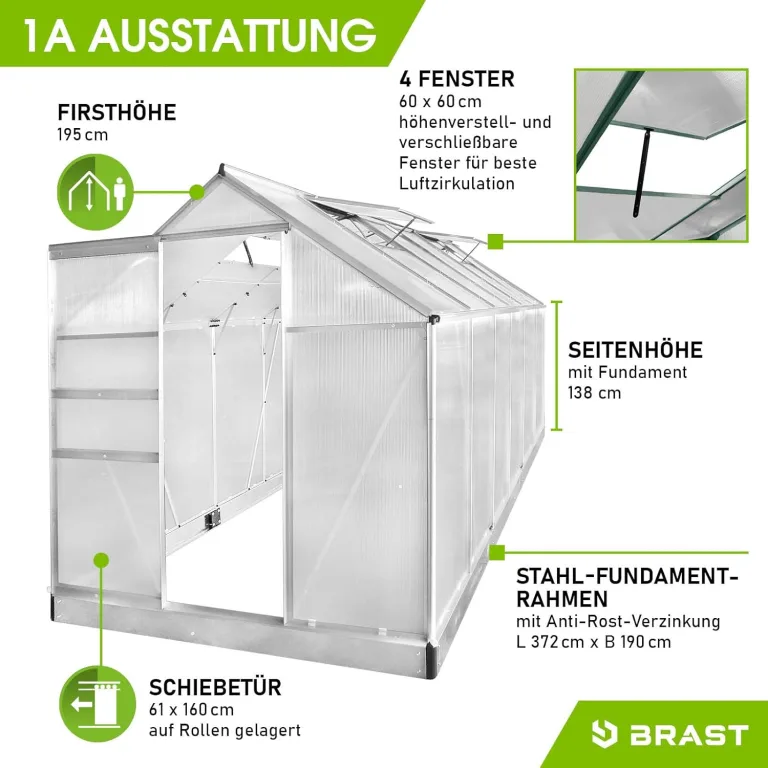BRAST Gewächshaus Aluminium mit Fundament | 42 Modelle | 130x190x195cm - 490x250x235cm | TÜV geprüft | 6mm Hohlkammerplatten | rostfrei wetterfest temperaturbeständig | 380x190x195cm Silber – Bild 8