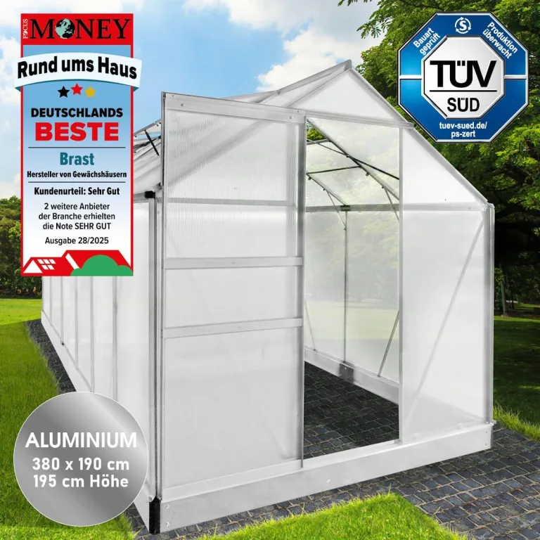 BRAST Gewächshaus Aluminium mit Fundament | 42 Modelle | 130x190x195cm - 490x250x235cm | TÜV geprüft | 6mm Hohlkammerplatten | rostfrei wetterfest temperaturbeständig | 380x190x195cm Silber – Bild 3