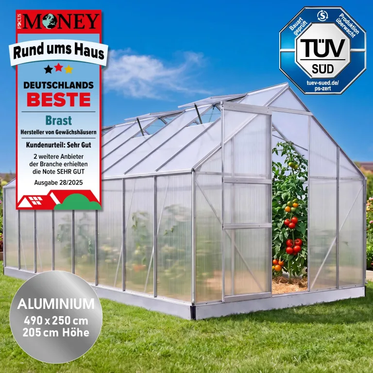 BRAST Gewächshaus Aluminium mit Fundament | 42 Modelle | 130x190x195cm - 490x250x235cm | TÜV geprüft | 6mm Hohlkammerplatten | rostfrei wetterfest temperaturbeständig | 490x250x205cm Silber – Bild 2