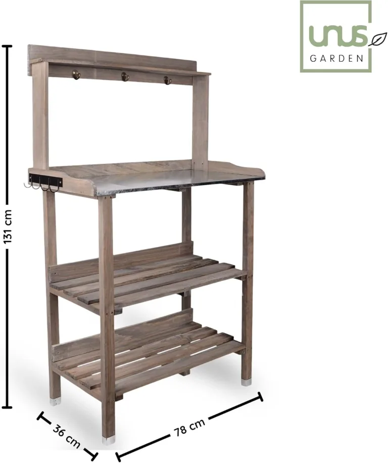 UNUS Pflanztisch aus Holz mit Zink-Arbeitsplatte, 78x36x131 cm, Pflanzregal in Grau für Balkon, Terrasse & Garten, Gartentisch mit Ablagen – Bild 5