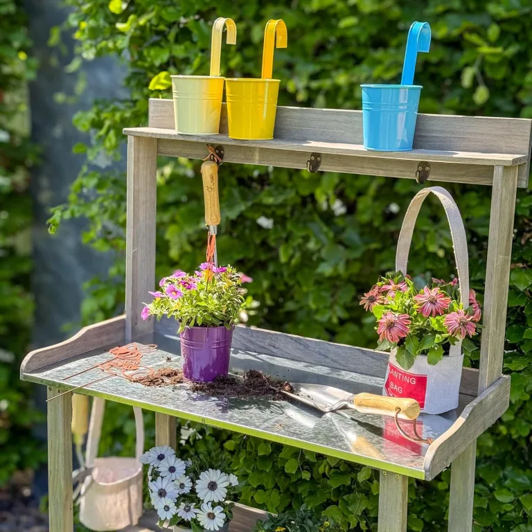 UNUS Pflanztisch aus Holz mit Zink-Arbeitsplatte, 78x36x131 cm, Pflanzregal in Grau für Balkon, Terrasse & Garten, Gartentisch mit Ablagen – Bild 7