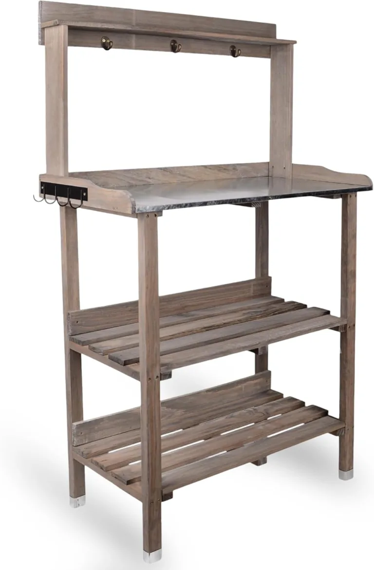 UNUS Pflanztisch aus Holz mit Zink-Arbeitsplatte, 78x36x131 cm, Pflanzregal in Grau für Balkon, Terrasse & Garten, Gartentisch mit Ablagen – Bild 1