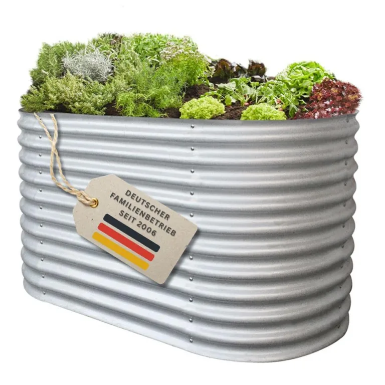 RS Trade Hochbeet Rimini L Metall oval 160x80x80 cm für draussen, verzinktes Stahl Pflanzbeet Outdoor, Gemüsebeet Wellblech, wetterfest, stabil, Balkon Terrasse Garten, Silber – Bild 9