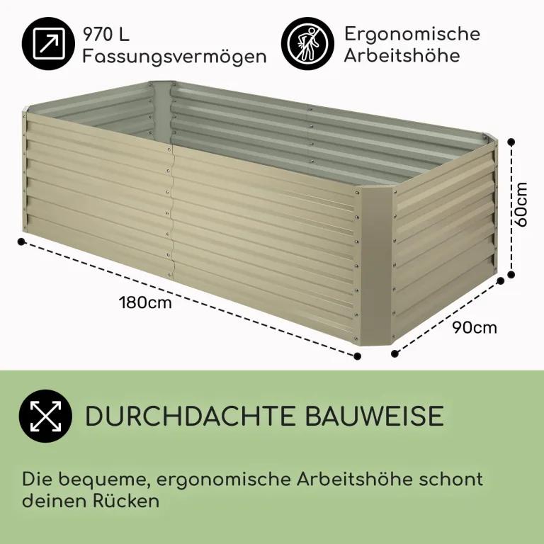 blumfeldt Hochbeet aus Metall, Wetterfestes Stahlblech-Hochbeet für Balkon & Garten, Rostfreies Hochbeet, Freistehende Hochbeete 180x60x90 cm, 970L Pflanzkübel Groß für Blumen, Obst, Gemüse – Bild 5