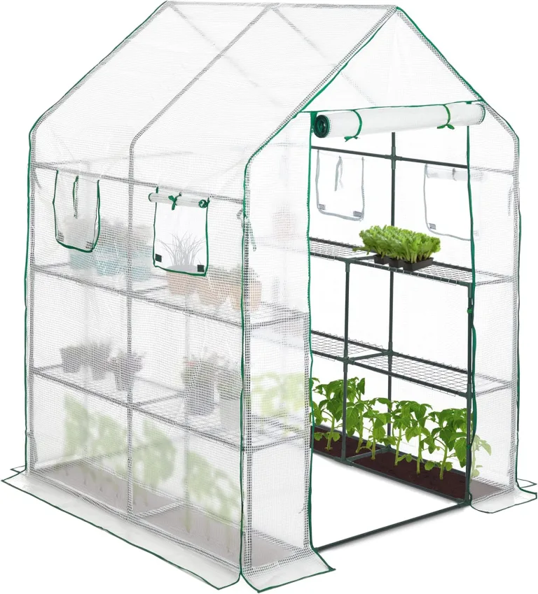 Relaxdays Gewächshaus, HBT 190 x 140 x 140 cm, Regale mit 8 Ablagen, Treibhausfolie, begehbares Tomatenhaus, transparent – Bild 1